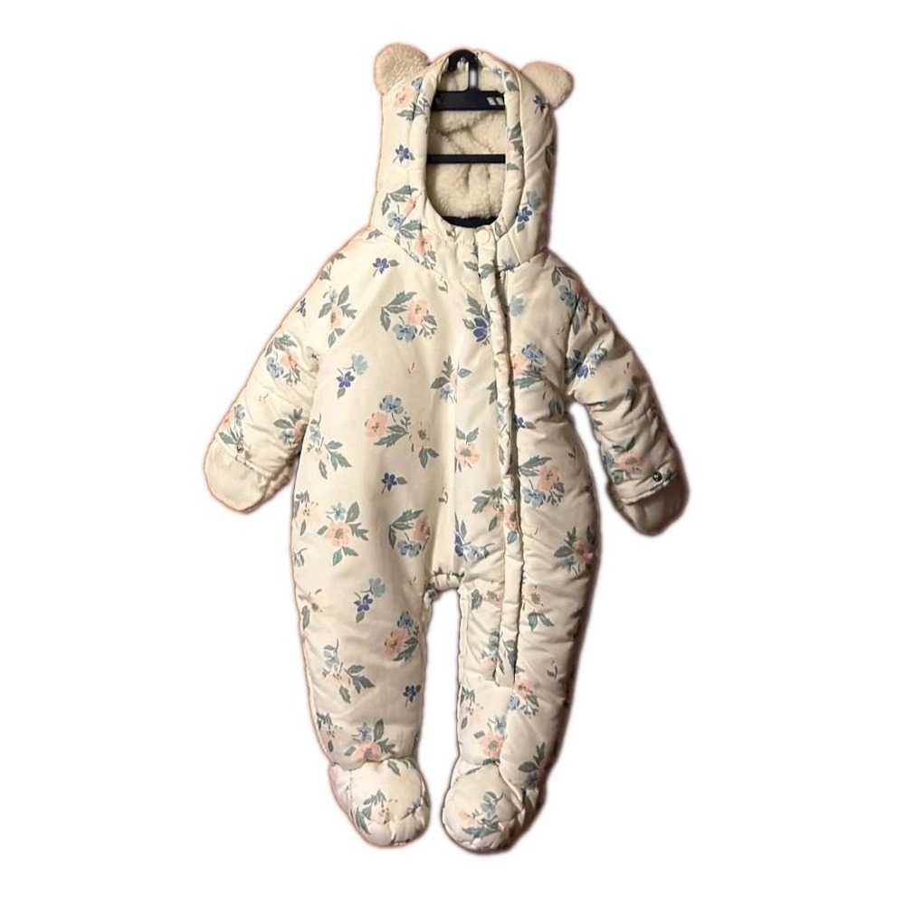 Carters Baby Girl One-Piece Floral Quilted Snowsuit Mittens Bear Ears Pram 6-9 M